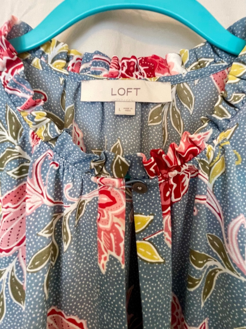 LOFT Blue Floral Ruffle-Neck Blouse - Picture 3 of 8